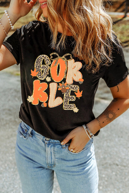Black Gobble Leopard Letter Turkey Bow Thanksgiving Tee