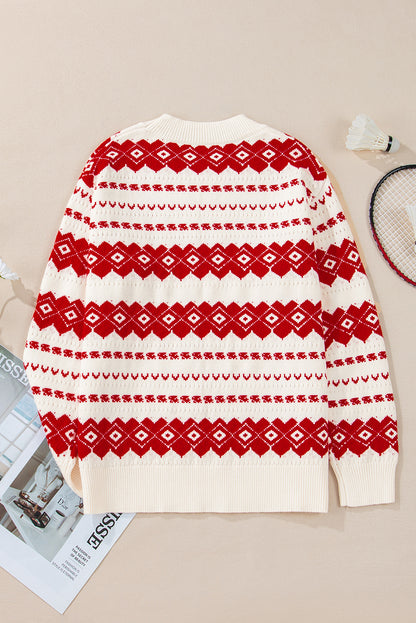 White Western Geometric Patterned Crew Neck Loose Sweater