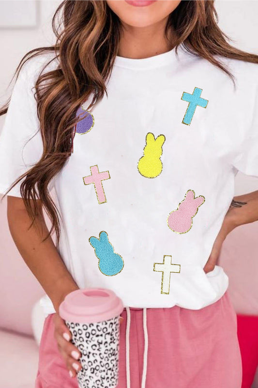 Easter Chenille Bunny Cross Patch White Casual Tee