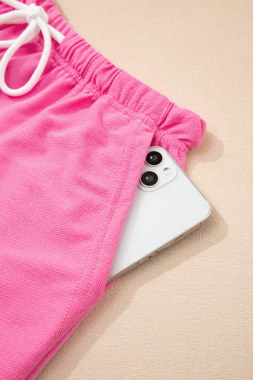 Pink V Neck Lounge Set Drawstring Shorts 2 Piece Set