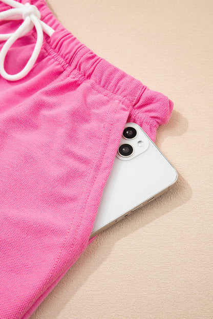 Pink V Neck Lounge Set Drawstring Shorts 2 Piece Set