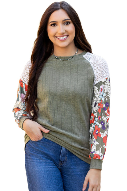 Parchment Floral Patchwork Long Sleeve Ribbed Blouse