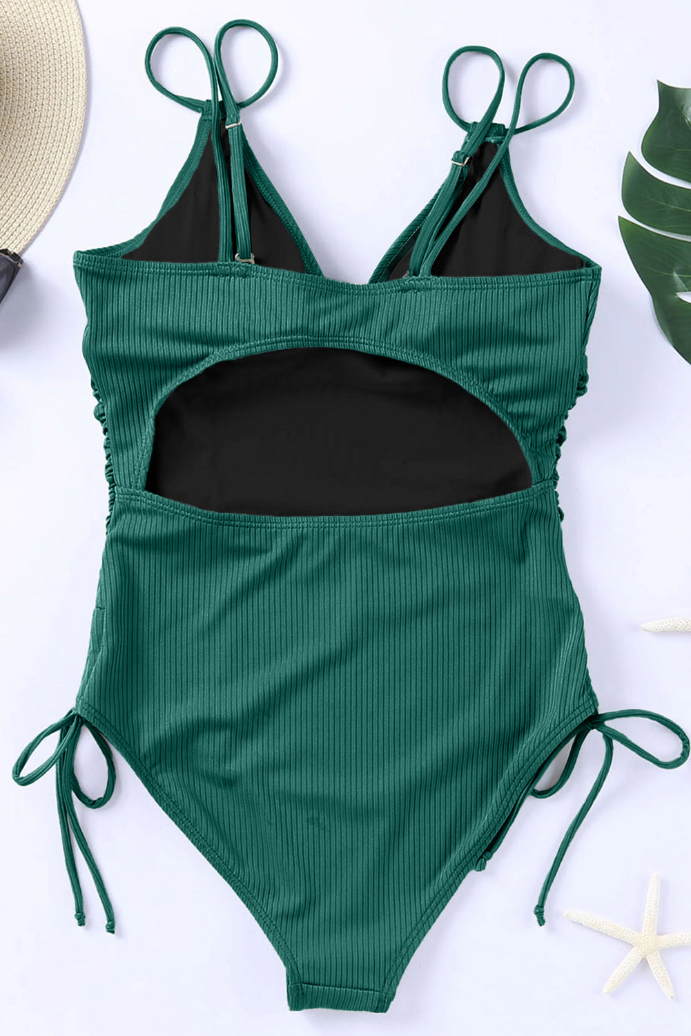 Ribbed V Neck One Piece Swimsuit Adjustable Straps