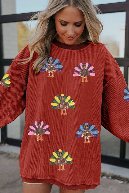 Sequined Turkey Corded Oversized Thanksgiving Sweatshirt