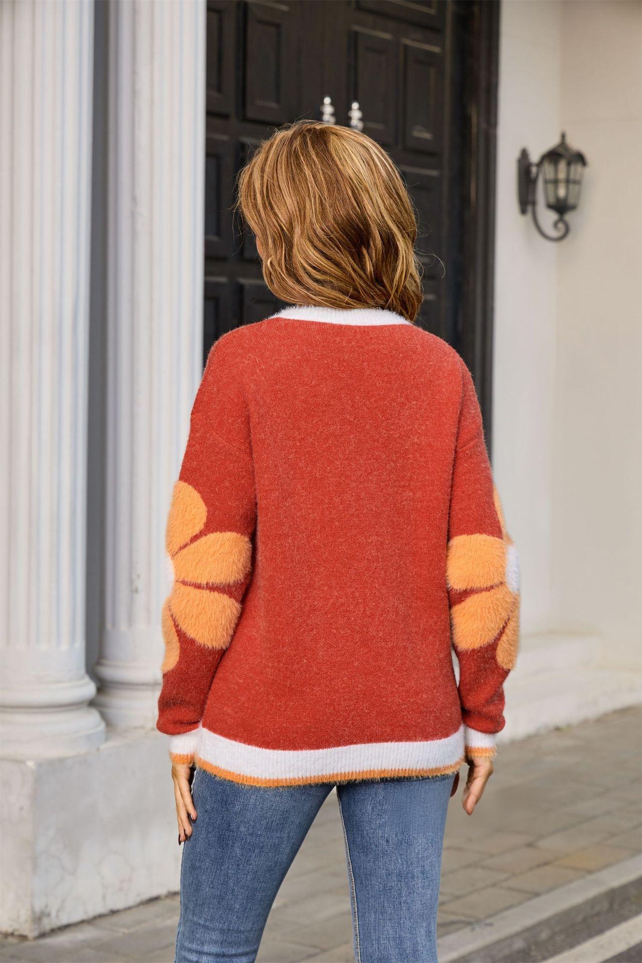 Fuzzy Floral Pullover Sweater – Cozy Colorblock Knit for Fall