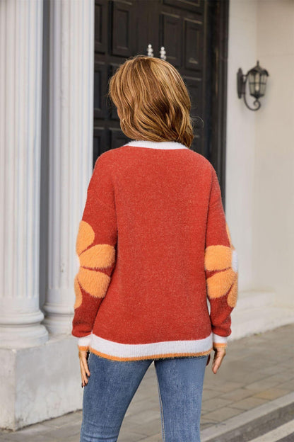Fuzzy Floral Pullover Sweater – Cozy Colorblock Knit for Fall