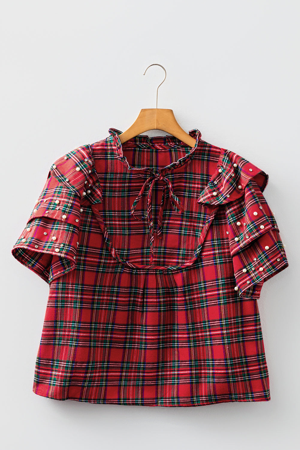 Red Christmas Plaid Pearl Ruffle Short Sleeve Holiday Blouse