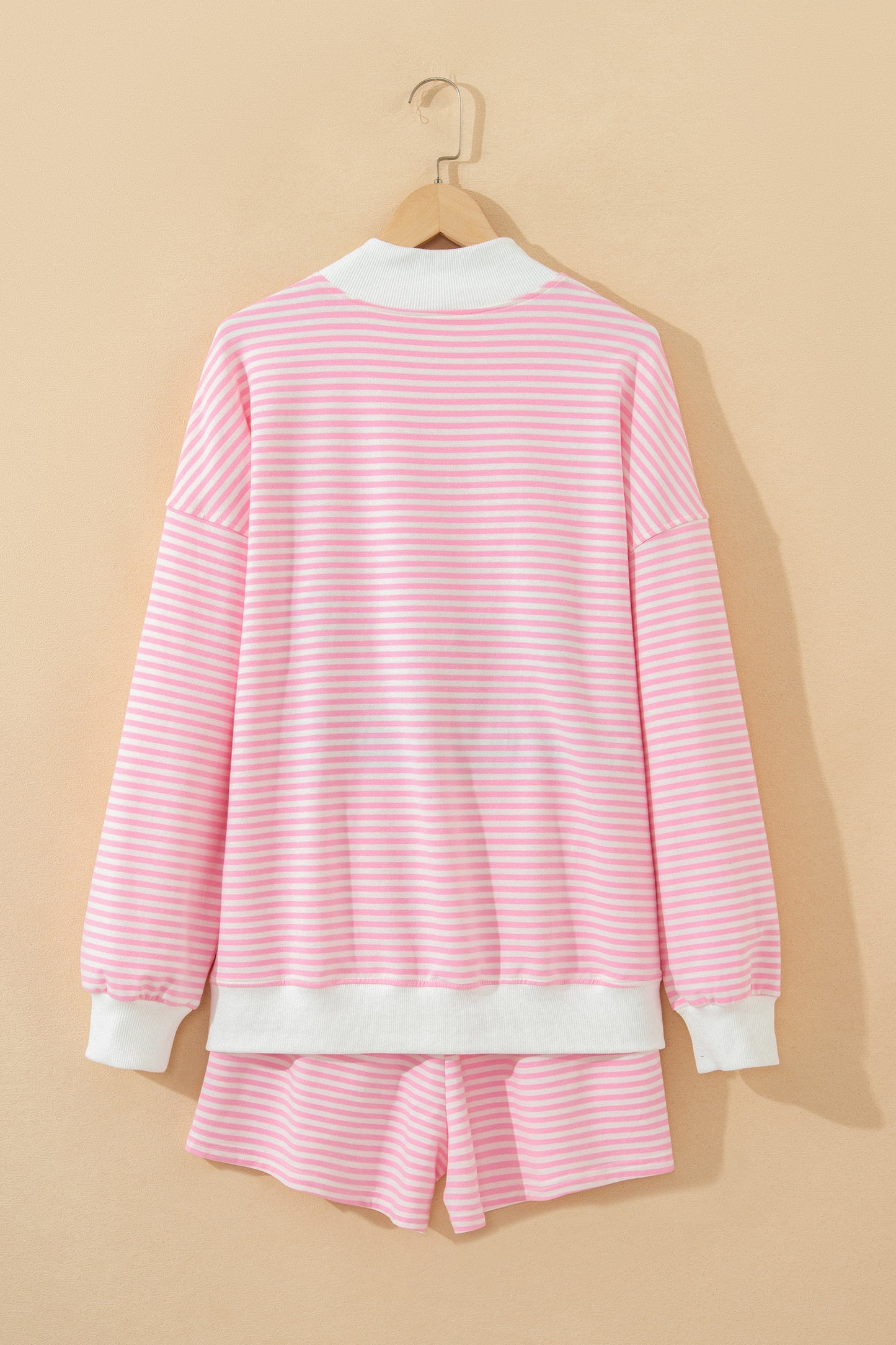 Pink Stripe Oversized Mock Neck Sweatshirt Shorts Set