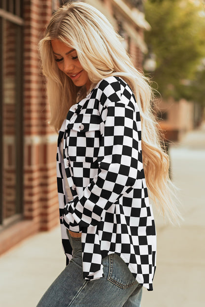 Checkerboard Print Flap Pocket Button Front Shacket