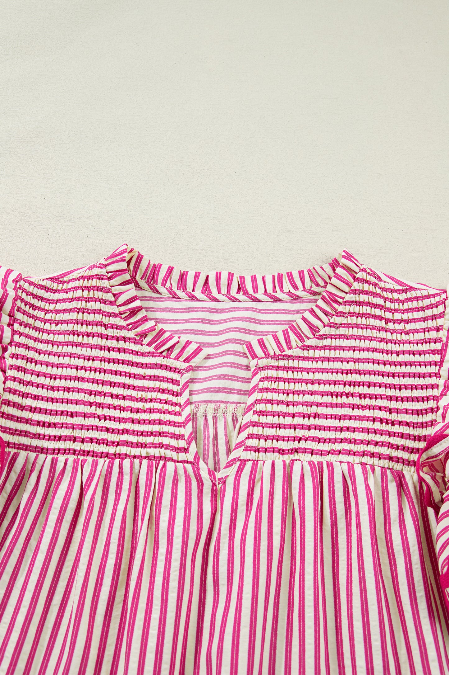 Rose Stripe Shirred Blouse Ruffle Sleeve Summer Top