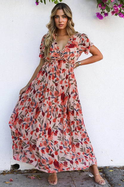 Sky Blue Floral V Neck Ruffle Short Sleeve Maxi Dress