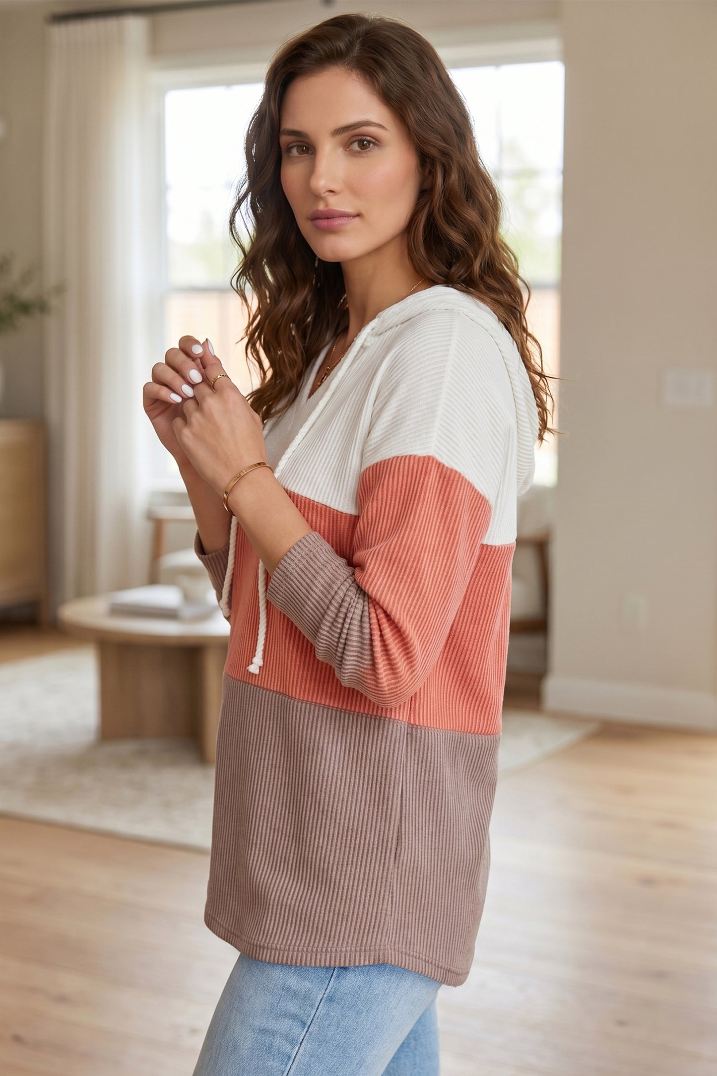 Gold Flame Ribbed Color Block Hooded Long Sleeve Casual Top