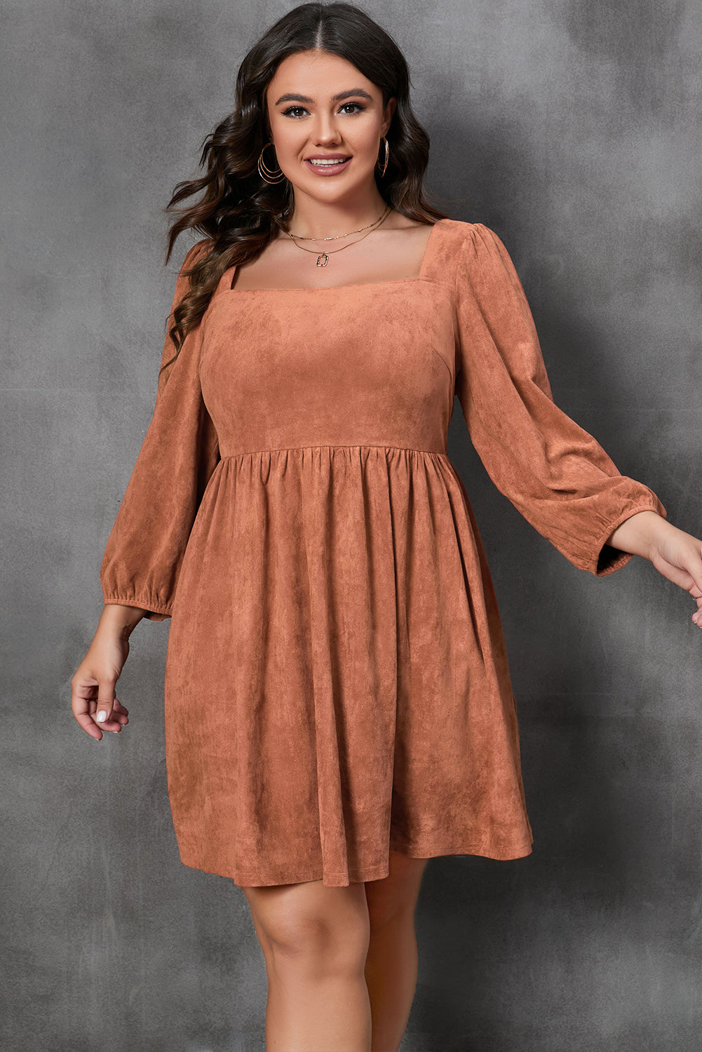 Chestnut Plus Size Suede Square Neck Balloon Sleeve Dress