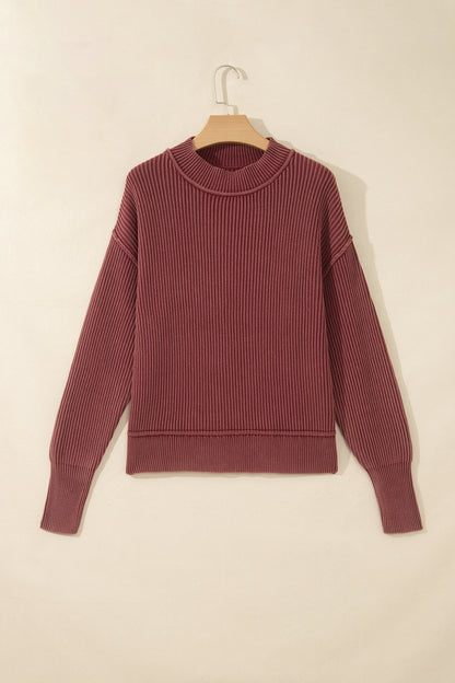 Red Ribbed Mock Neck Drop Shoulder Sweater