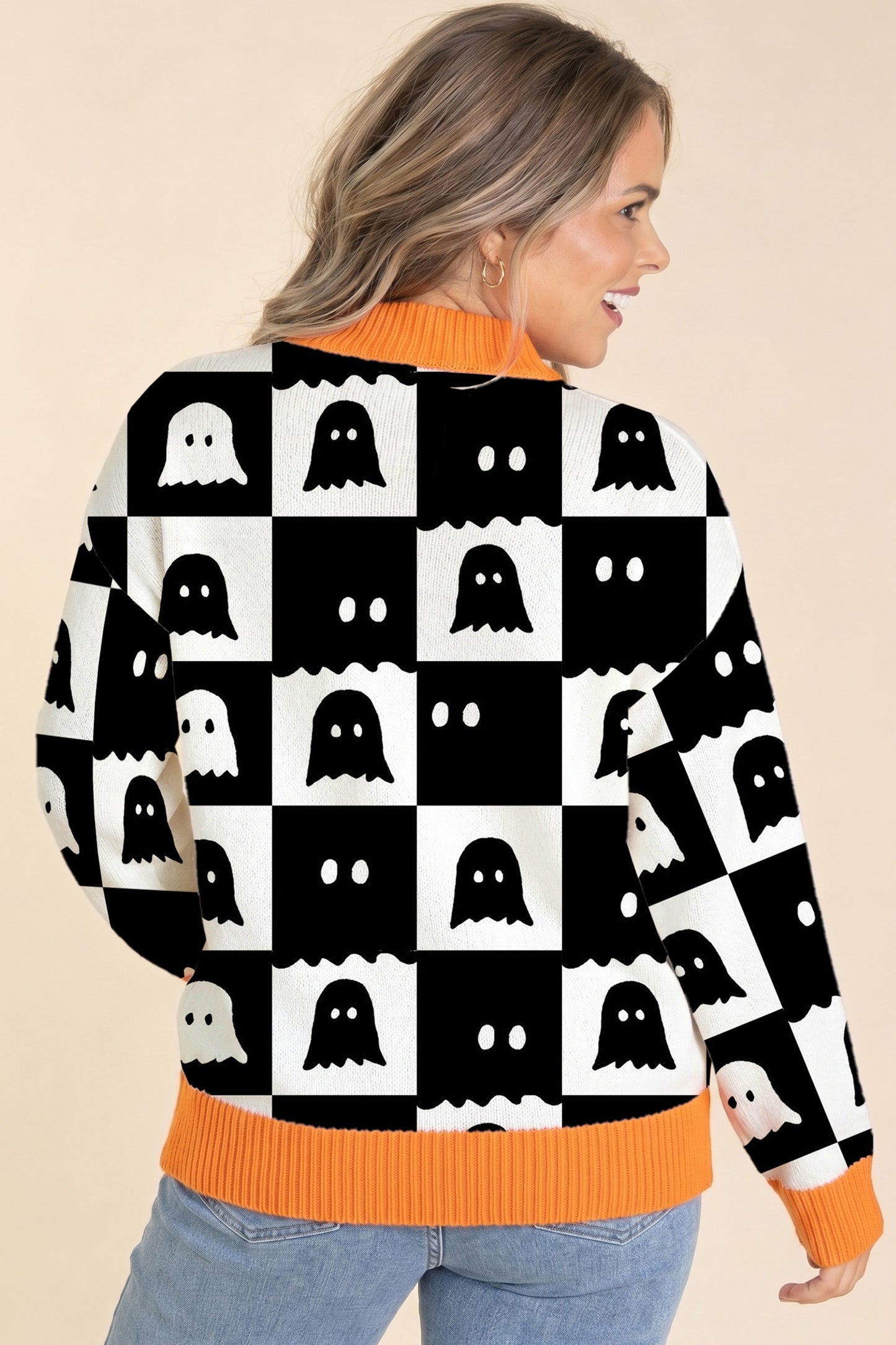 Halloween Ghost Print Checkerboard Knit Sweater