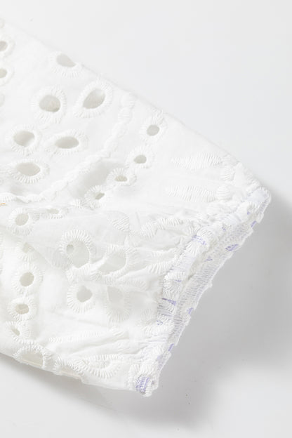 White Eyelet Embroidered Puff Sleeve Button Crop Shirt