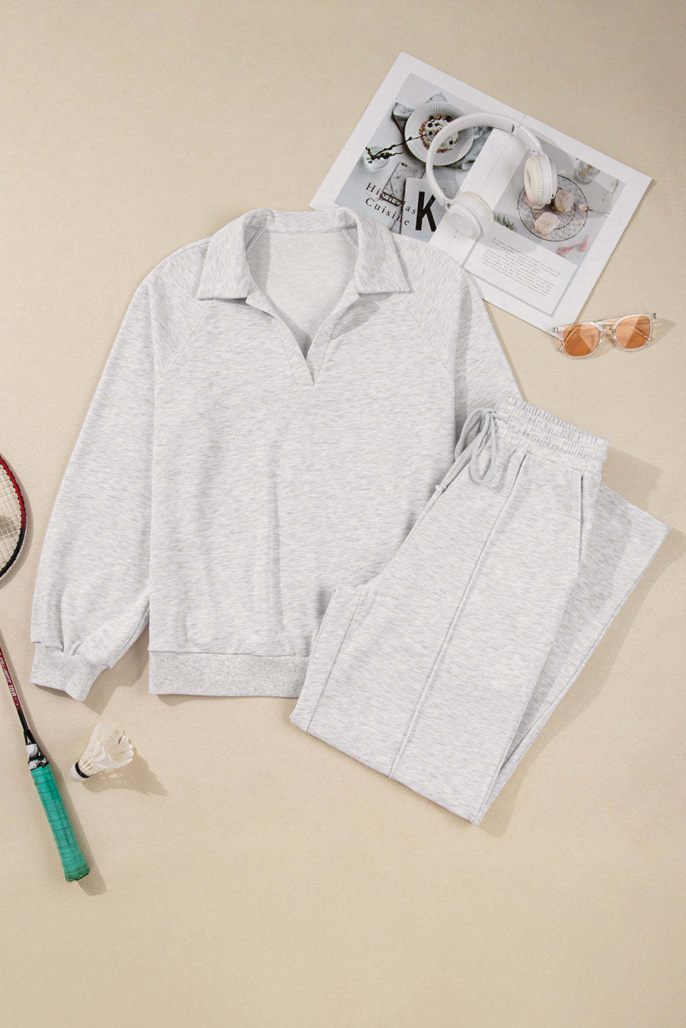 Light Grey Polo Collar Pullover & Drawstring Sweatpants Set
