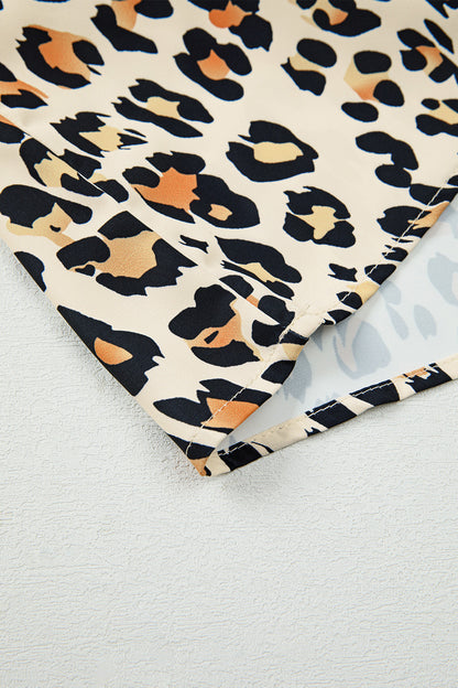 Khaki Leopard Color Block Stripe V Neck Loose Blouse