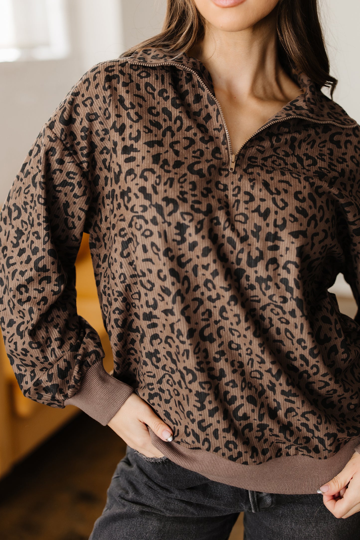 Leopard Print Quarter Zip Corduroy Pullover