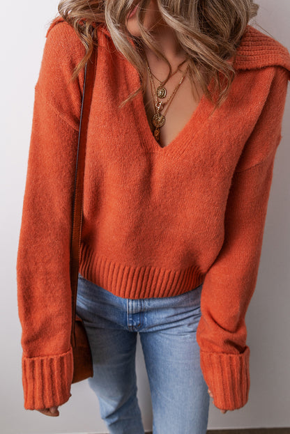 Chestnut Collared V Neck Ribbed Edge Sexy Elegant Sweater