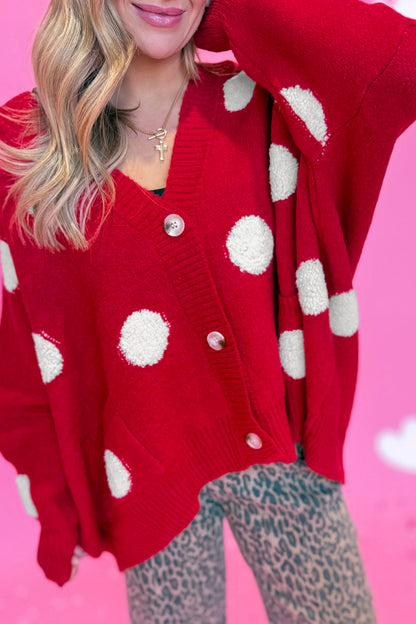 Polka Dot Oversized V Neck Knit Cardigan Sweater