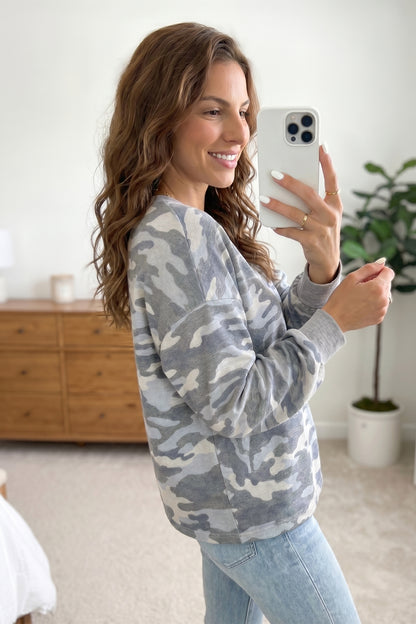 Grey Camouflage Long Sleeve Crew Neck Casual Pullover Top