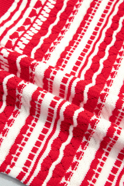 Red Geometric Stripe Button Front Knit Cardigan
