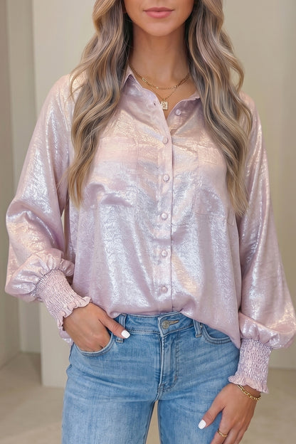 Delicacy Metallic Button Down Satin Blouse with Smocked Cuffs