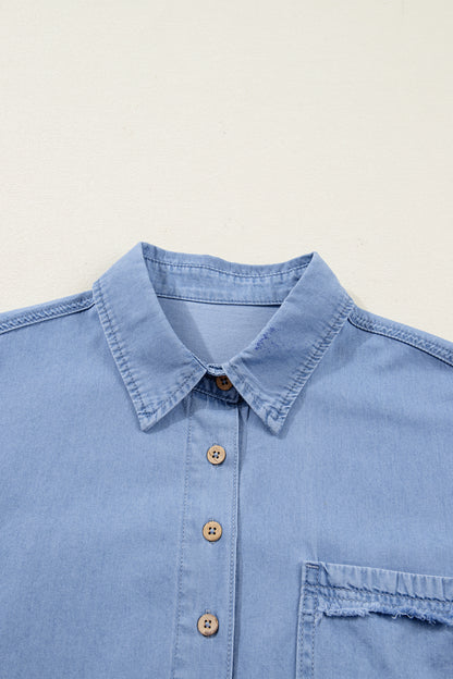 Washed Chambray Drop Shoulder Bracelet Sleeve Shirt