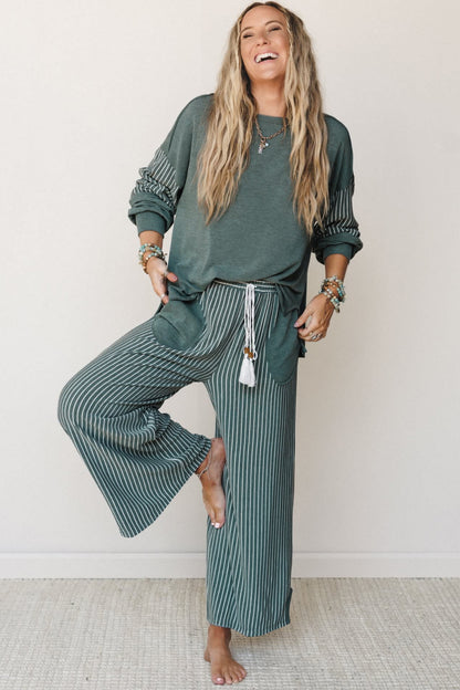 Women’s Stripe 2 Piece Lounge Set Long Sleeve Top Wide Leg Pants