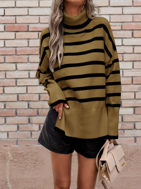 Long Sleeve Knitted Pullover with Turtleneck and Stripes