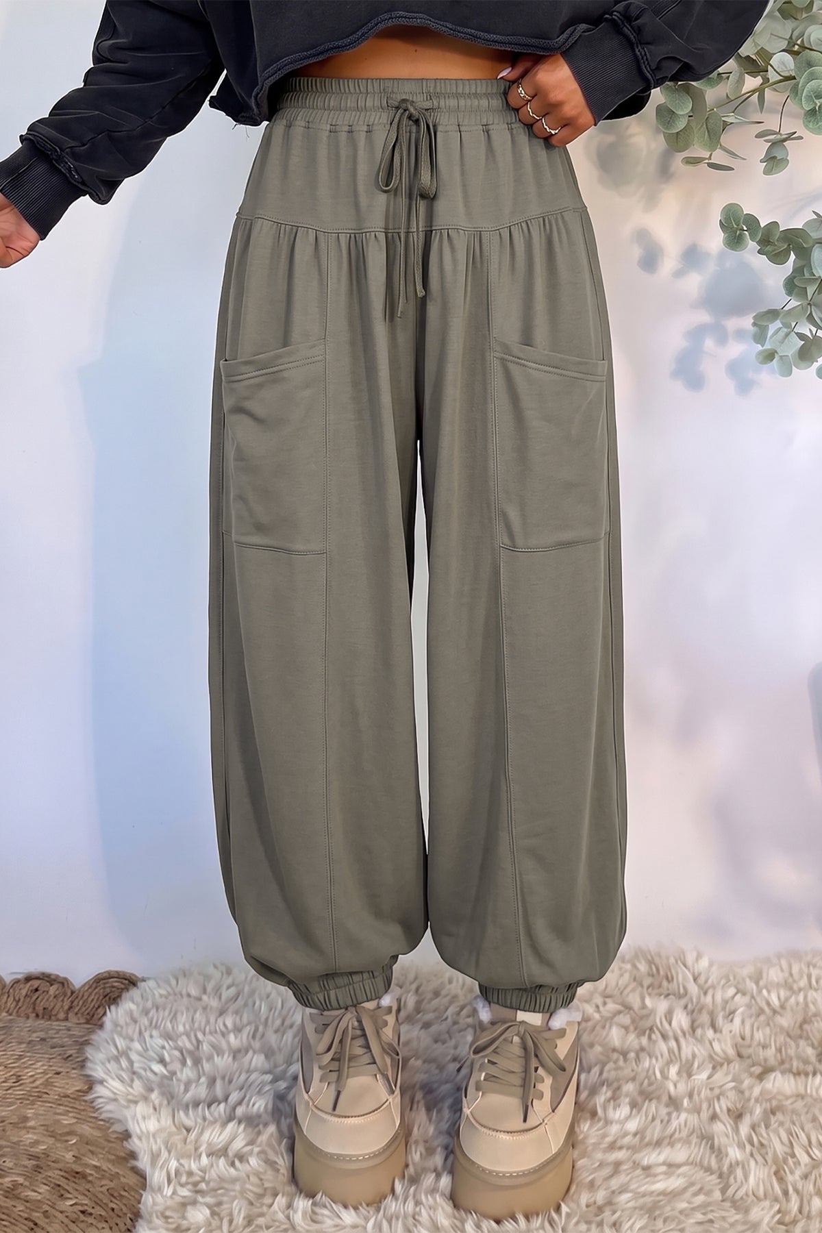 Dirty blue Elastic Waist Drawstring Wide Leg Full Length Pants