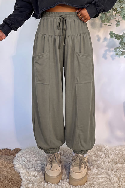Dirty blue Elastic Waist Drawstring Wide Leg Full Length Pants