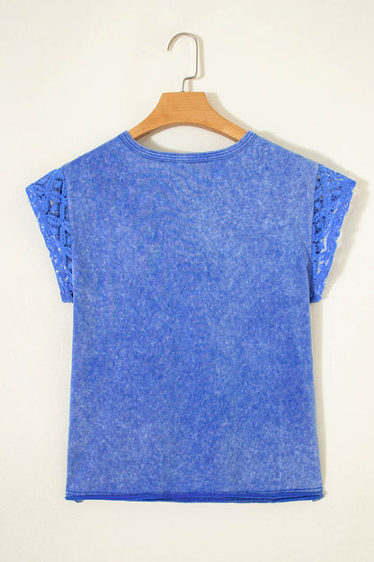 Sky Blue Lace Sleeve Mineral Wash Cotton Tee