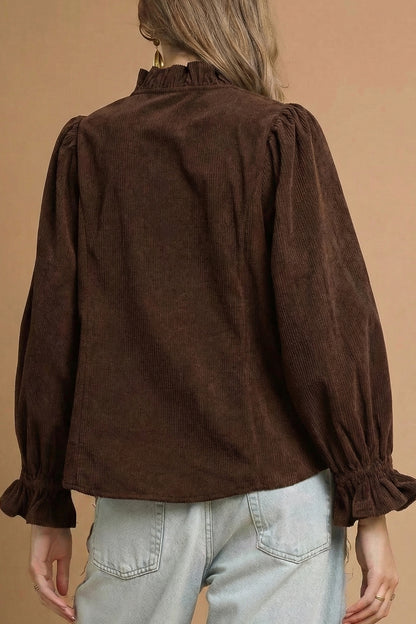 Coffee Corduroy Ruffle V Neck Button Shacket