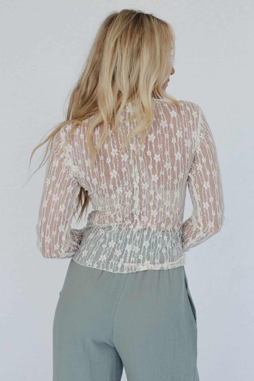 Ashleigh Blue Sheer Floral Lace Mock Neck Long Sleeve Top