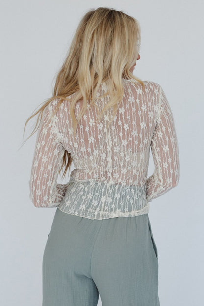 Ashleigh Blue Sheer Floral Lace Mock Neck Long Sleeve Top