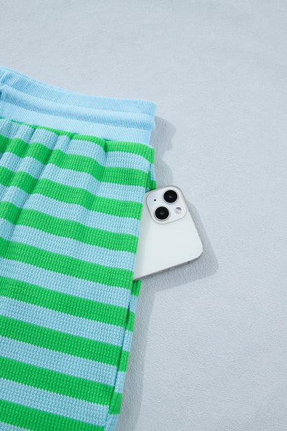 Green Stripe Puff Sleeve Lounge Set Drawstring Shorts