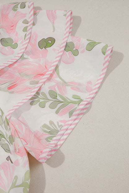 Sky Blue Floral Ruffle Sleeve Tie Neck Mini Dress