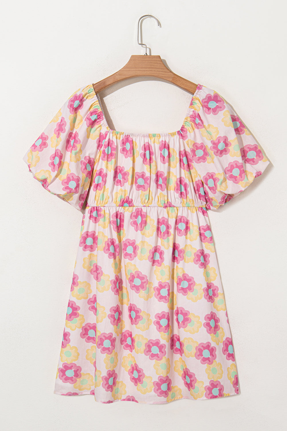 Rose Floral Square Neck Puff Sleeve Babydoll Mini Dress