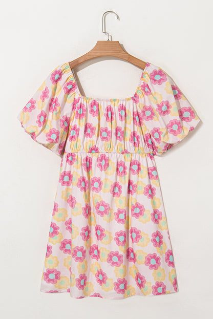 Rose Floral Square Neck Puff Sleeve Babydoll Mini Dress