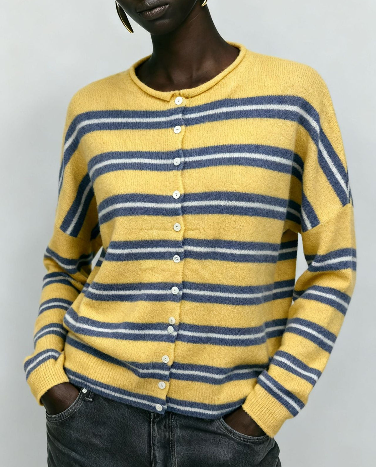Women's Oversized Striped Button Front Knit Cardigan
