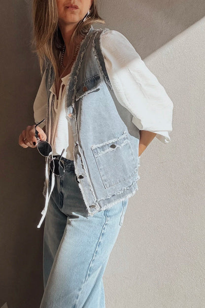 Light Wash Frayed Edge Flap Pocket Button Down Denim Vest