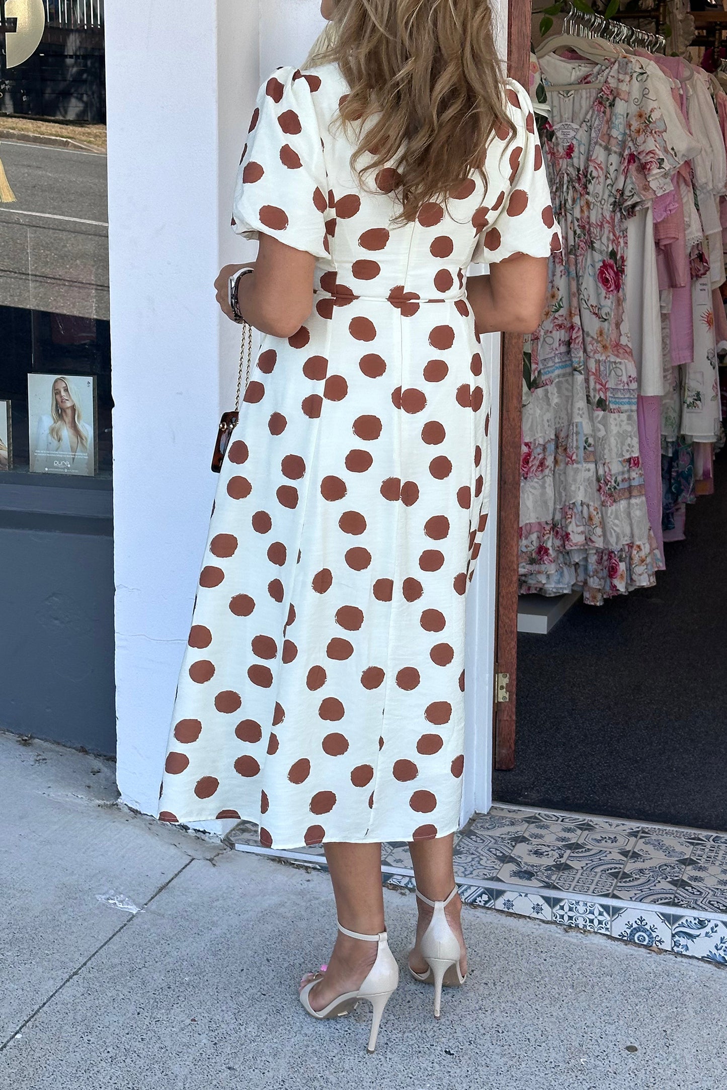 Polka Dot V Neck Tie Waist Short Sleeve Midi Dress