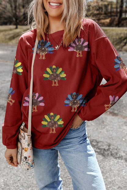 Sequined Turkey Corded Oversized Thanksgiving Sweatshirt