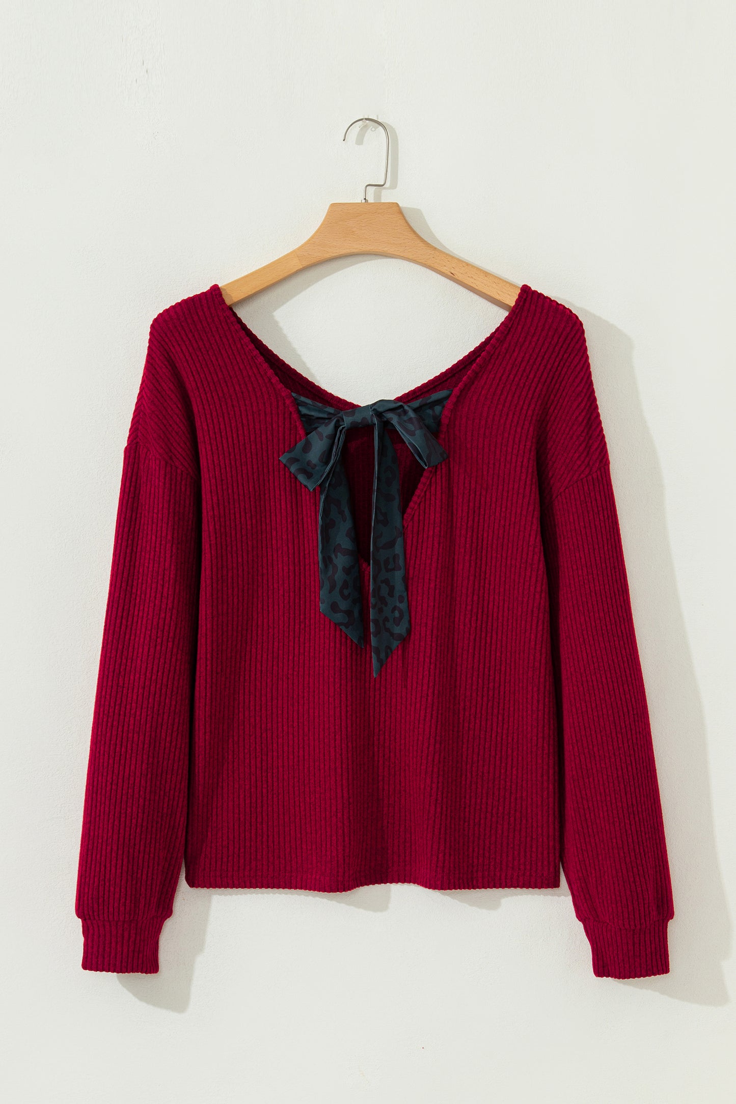 Bow Back Ribbed Knit V Neck Long Sleeve Top