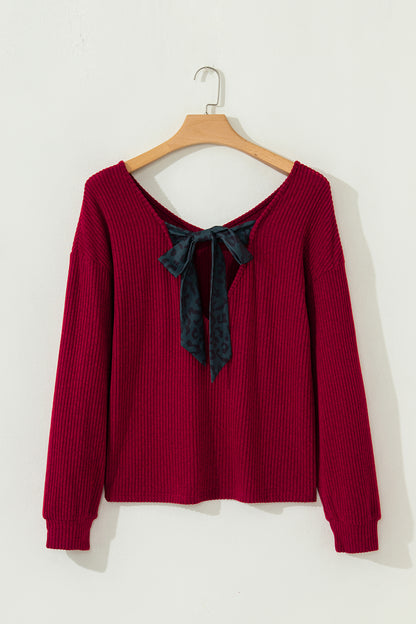 Bow Back Ribbed Knit V Neck Long Sleeve Top