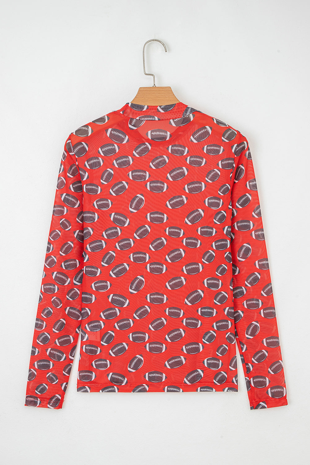 Football Print Mesh Mock Neck Game Day Long Sleeve Top