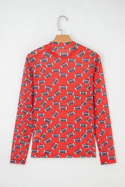Football Print Mesh Mock Neck Game Day Long Sleeve Top