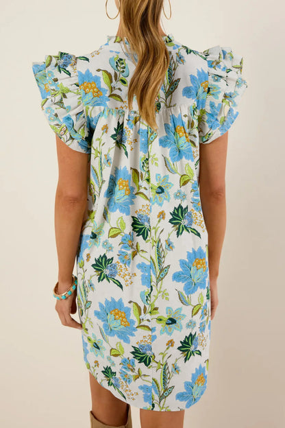 Boho Floral Ruffle Sleeve V Neck Shift Mini Dress